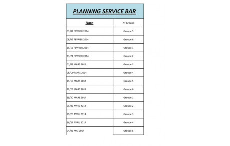 Planning tenue du bar saison 2013-2014